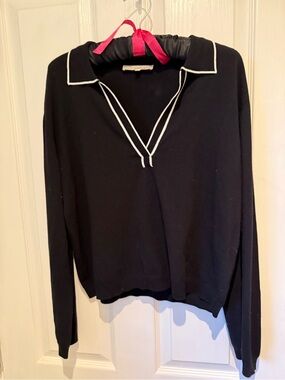 Black Polo-Style Sweater with White Trim